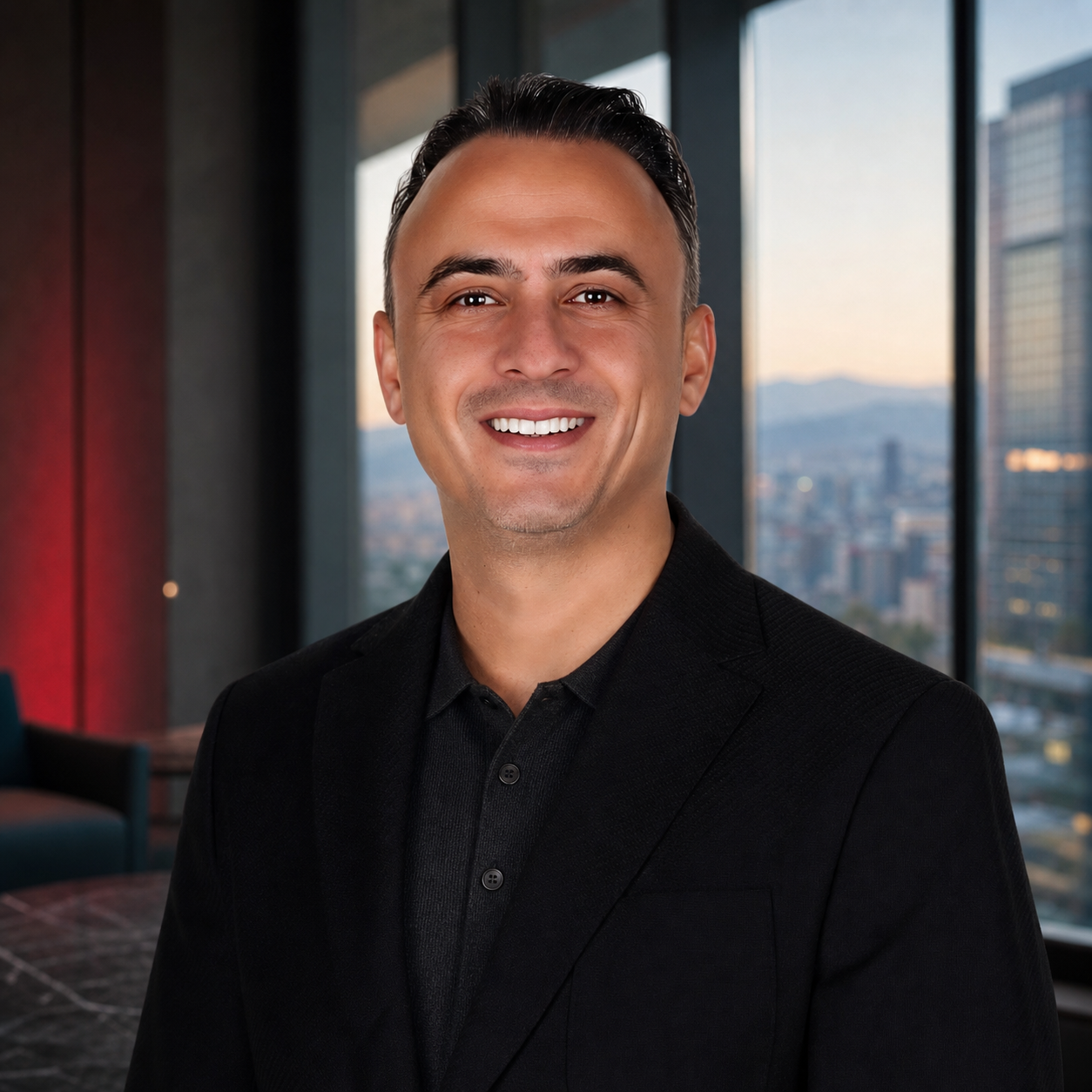 Fatih Şebin, koyu polo ve ceketli yeni plaza portresi